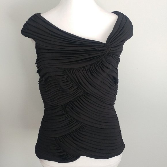 Classy Fitted Formal Black Top All Over Pleated Design Asymmetrical Neckline 8 - Picture 2 of 10